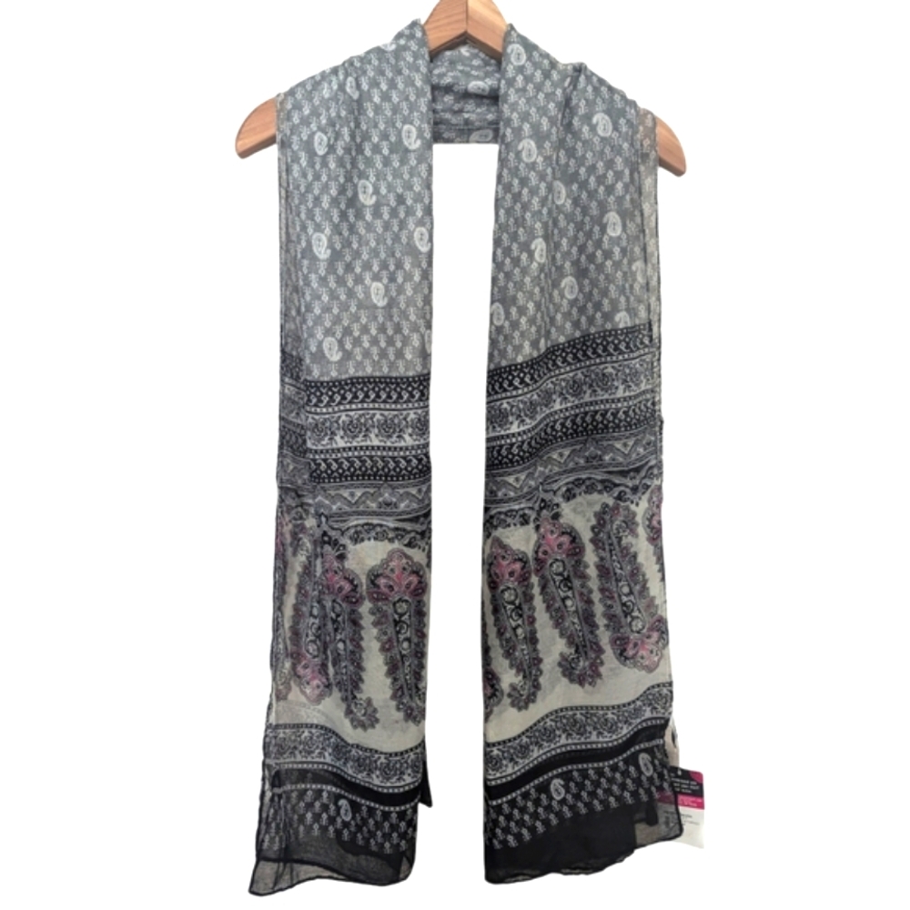 TICKLED PINK Gray Black Pink Patterned Scarf Paisley Design
